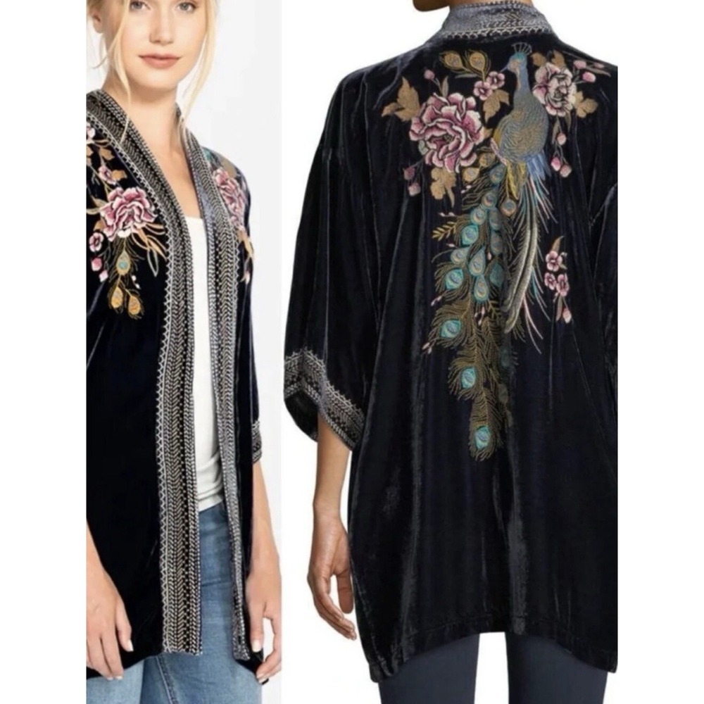 Johnny Was Quito Velvet Silk Navy Blue Kimono Duster Peacock Embroidered Sz S - Picture 6 of 16